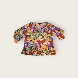 Vintage Y2k Mirror Image abstract graphic art print boho 3/4 length sleeve shirt